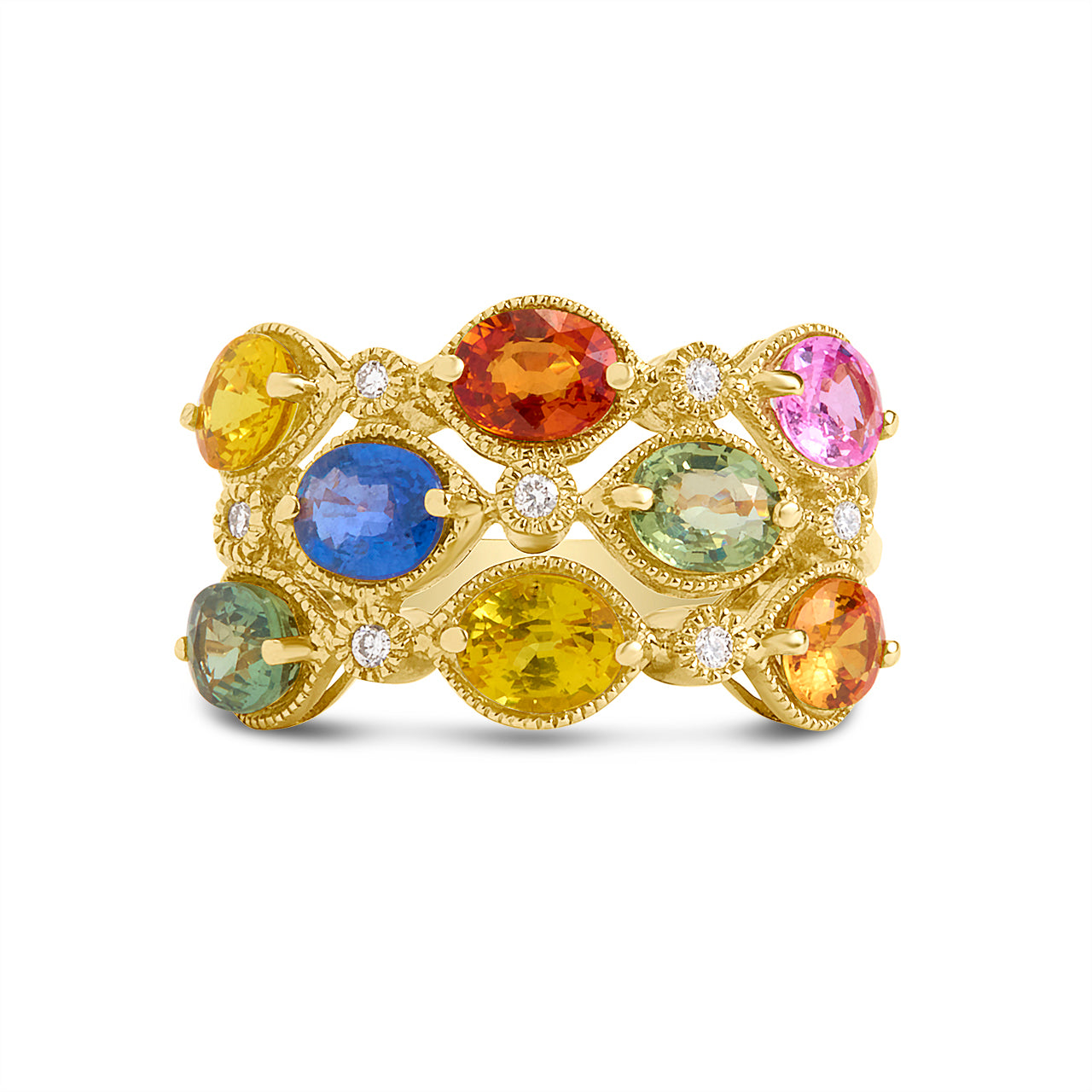 Rainbow Sapphire & Diamond Alternating 3 Row Ring