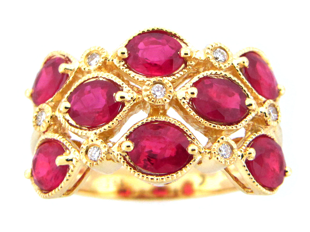RUBY & DIAMOND 3 ROW RING, 18KY (H)