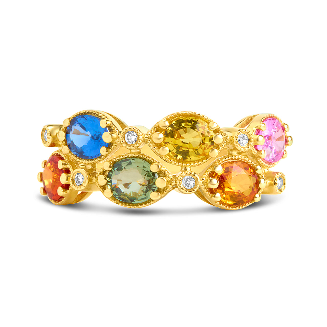 Rainbow Sapphire & Diamond Alternating 2 Row Ring