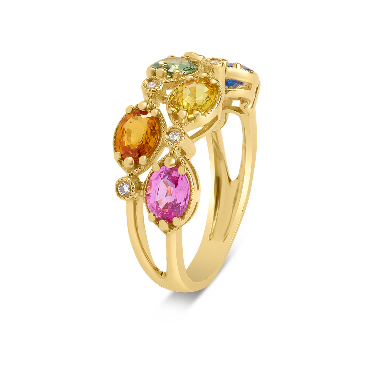 Rainbow Sapphire & Diamond Alternating 2 Row Ring