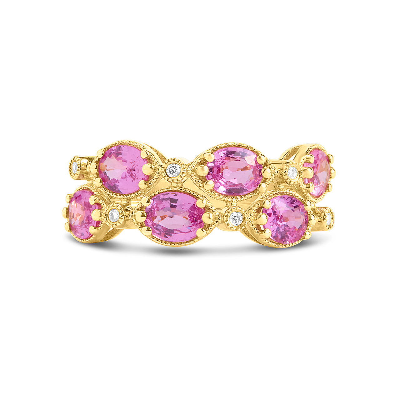 Pink Sapphire & Diamond Alternating 2 Row Ring