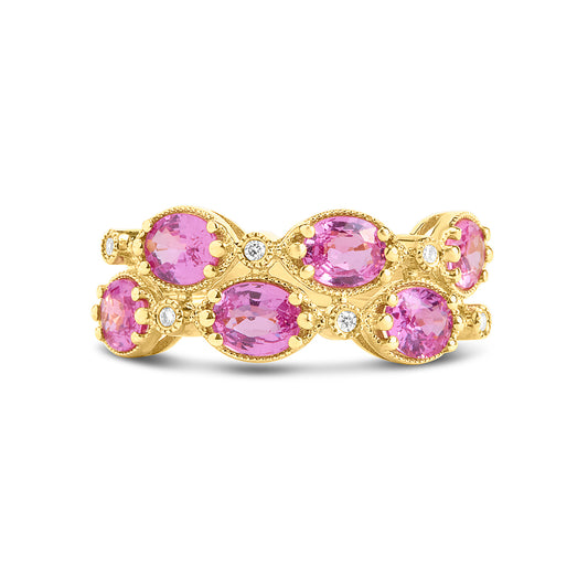 Pink Sapphire & Diamond Alternating 2 Row Ring