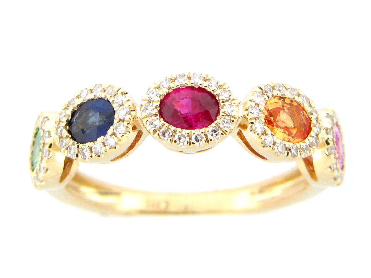RAINBOW SAPPHIRE, TSAVORITE & DIAMOND HALO RING, 14KY (H/U/N)
