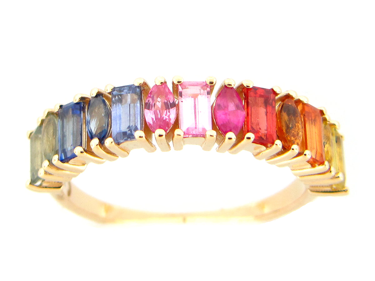 RAINBOW SAPPHIRE BAGUETTE & MARQUISE RING, 14KY (H/U)