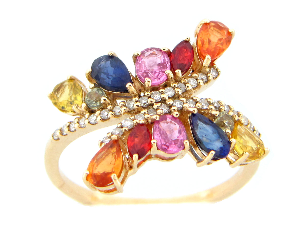 RAINBOW SAPPHIRE & DIAMOND BUTTERFLY RING, 14KY (H/U)