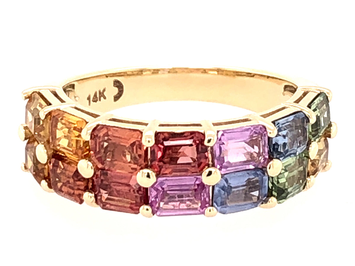 RAINBOW SAPPHIRE EMERALD CUT 2 ROW RING, 14KY (H/U)