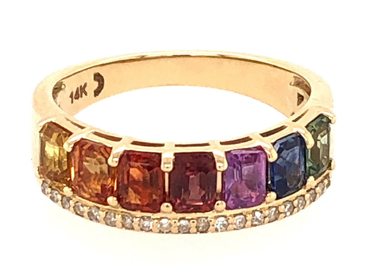 RAINBOW SAPPHIRE EMERALD CUT & DIAMOND RING, 14KY (H/U)