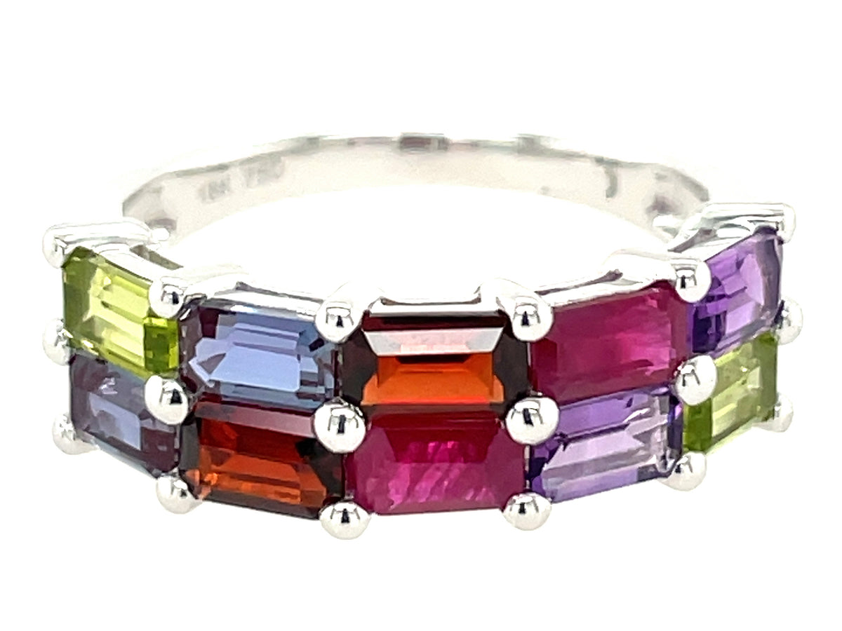 PERIDOT, SYNTHETIC ALEXANDRITE, GARNET, RUBY & AMETHYST 2 ROW EMERALD CUT RING