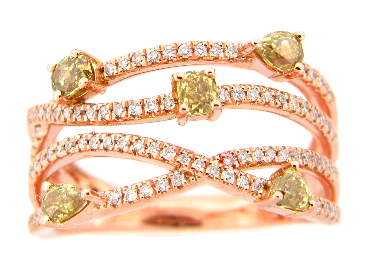 FANCY COLOR DIAMOND MULTI STRAND RING, 14KR (N)
