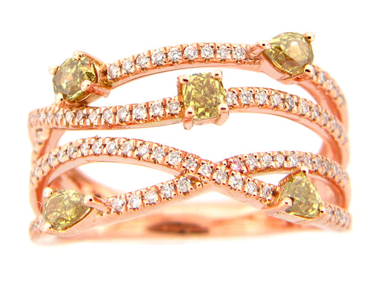 FANCY COLOR DIAMOND MULTI STRAND RING, 14KR (N)
