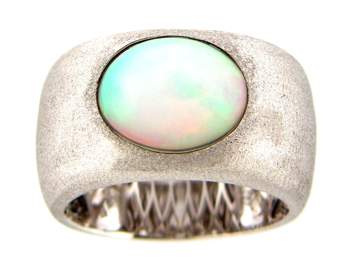 OPAL BEZEL CIGAR BAND RING, SATIN FINISH, 18KW (O)