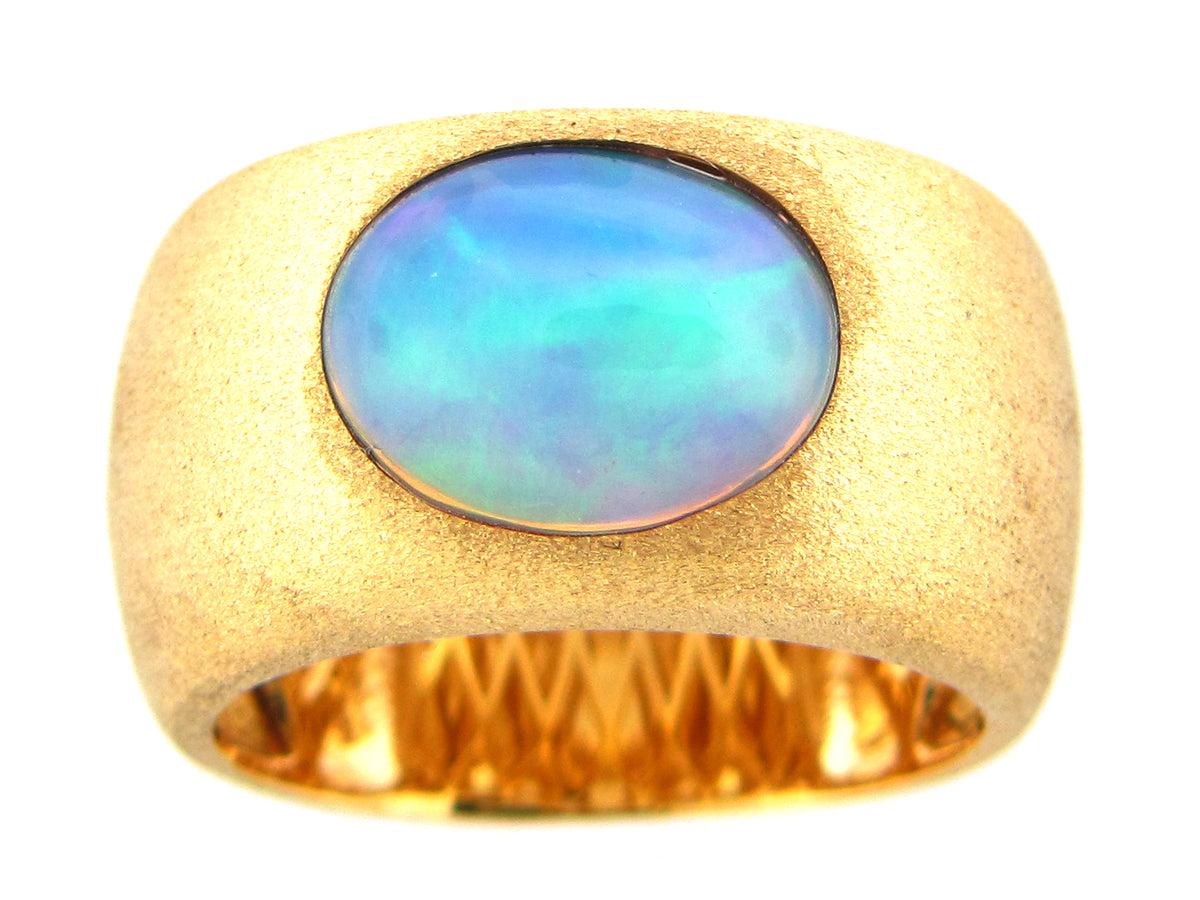 OPAL BEZEL CIGAR BAND RING, SATIN FINISH, 18KY (O)