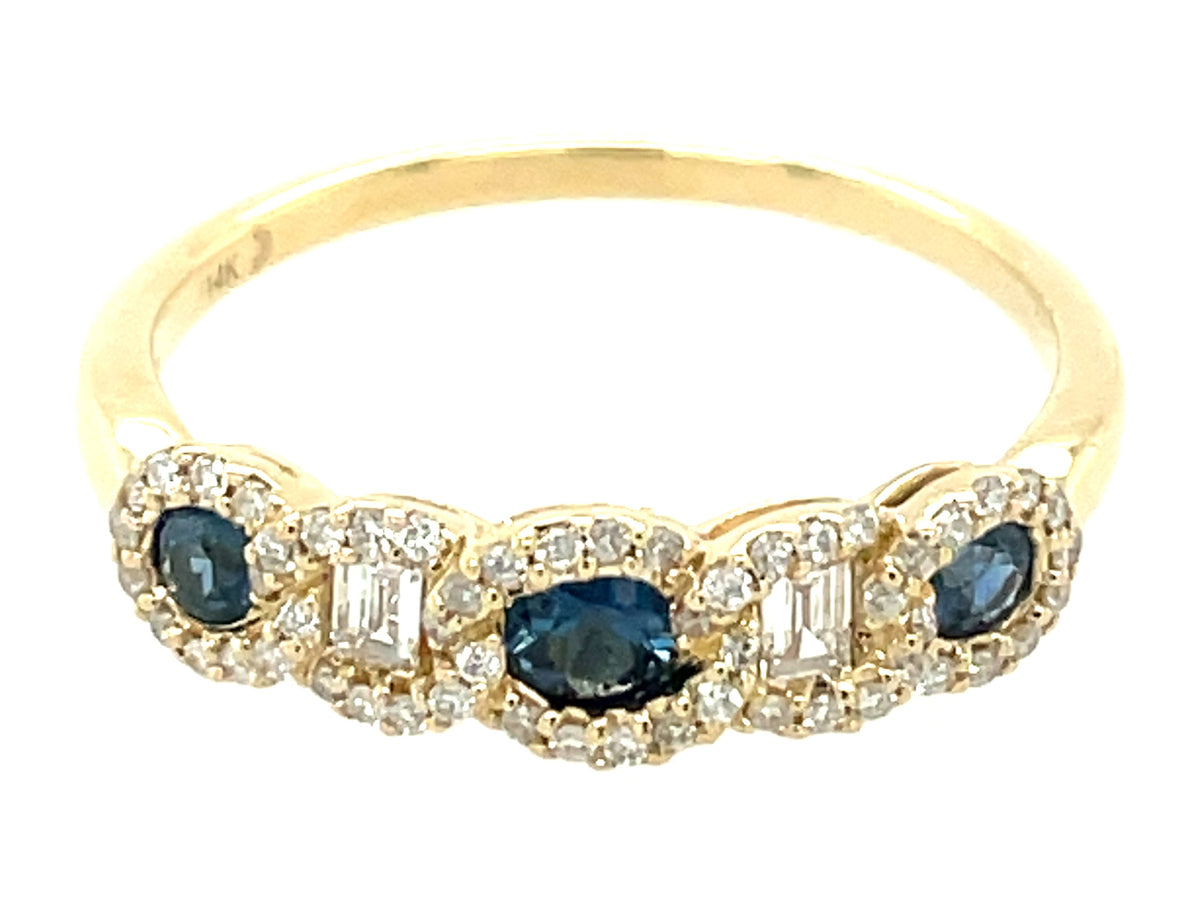 SAPPHIRE ROUND & DIAMOND BAGUETTE ALTERNATING RING