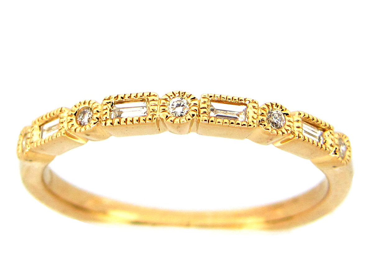 Diamond Baguette Round Alternating Millgrain Ring, 14ky (N)