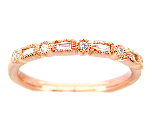 Diamond Baguette Round Alternating Millgrain Ring, 14kr (N)