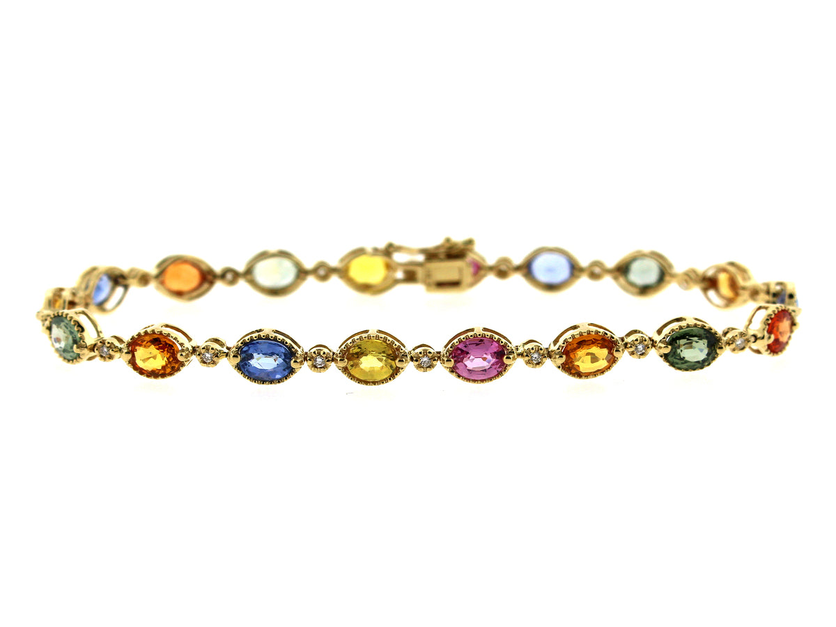RAINBOW SAPPHIRE & DIAMOND 1 ROW BRACELET, 14KY (H/U)