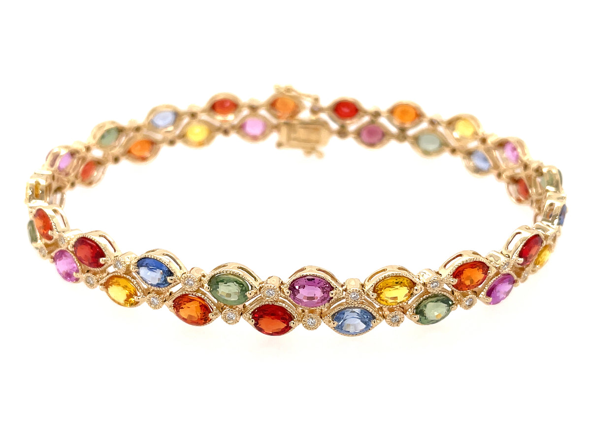 RAINBOW SAPPHIRE & DIAMOND 2 ROW 8"  BRACELET