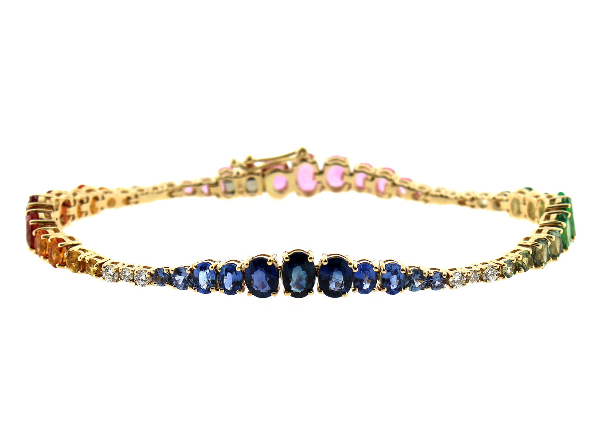 SAPPHIRE, TSAVORITE & DIAMOND GRADUATING BRACELET, 14KY (H/N)