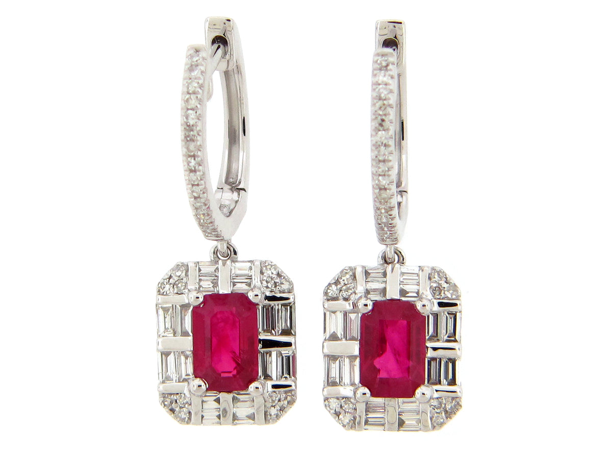 RUBY & DIAMOND HALO DANGLE EARRING, 14KW (H)