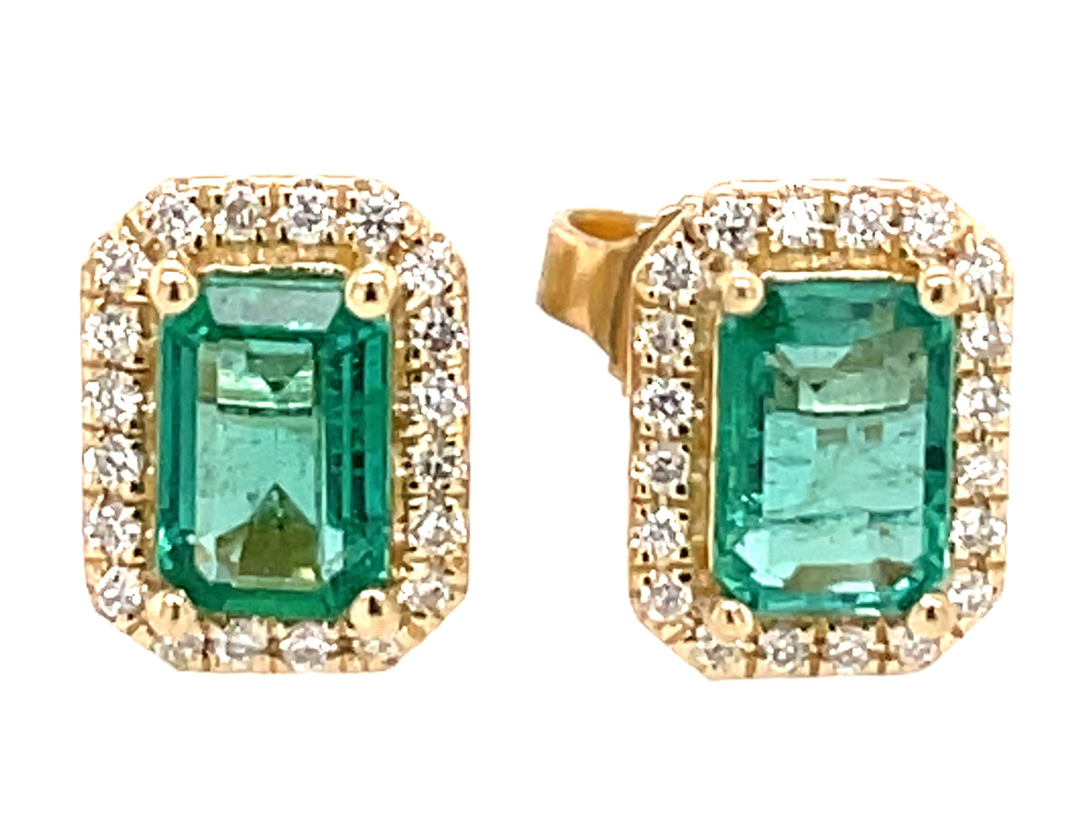 EMERALD CUT EMERALD & DIAMOND HALO STUD EARRING