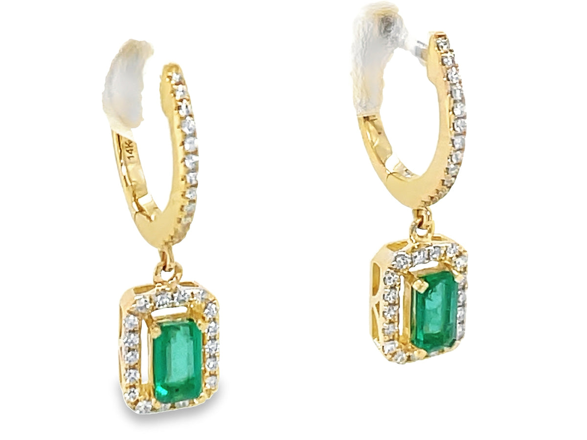 EMERALD E/C & DIAMOND DANGLE HALO EARRING, SATIN FINISH