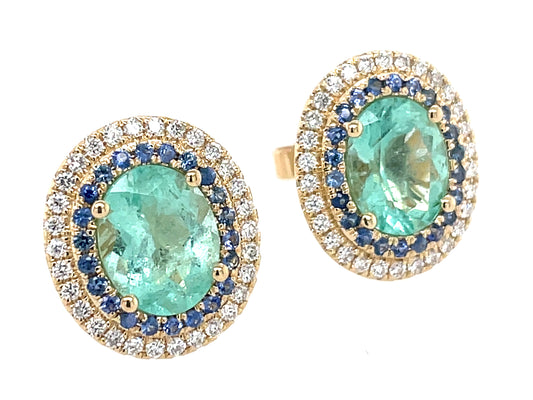 Emerald Oval, Sapphire Diamond Double Halo Stud Earring