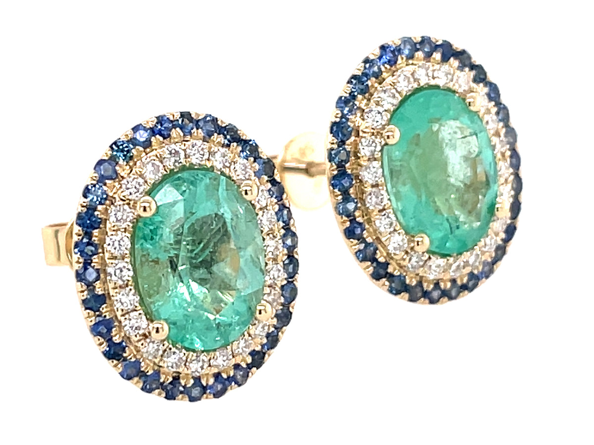 Emerald Oval, Diamond Sapphire Double Halo Stud Earring