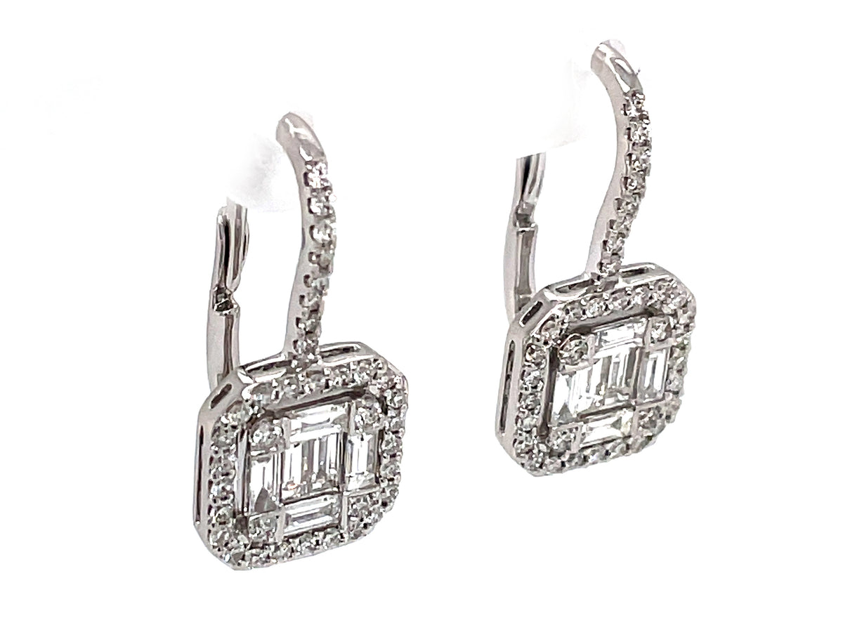 DIAMOND EMERALD CUT CLUSTER LEVERBACK EARRING, 10MM