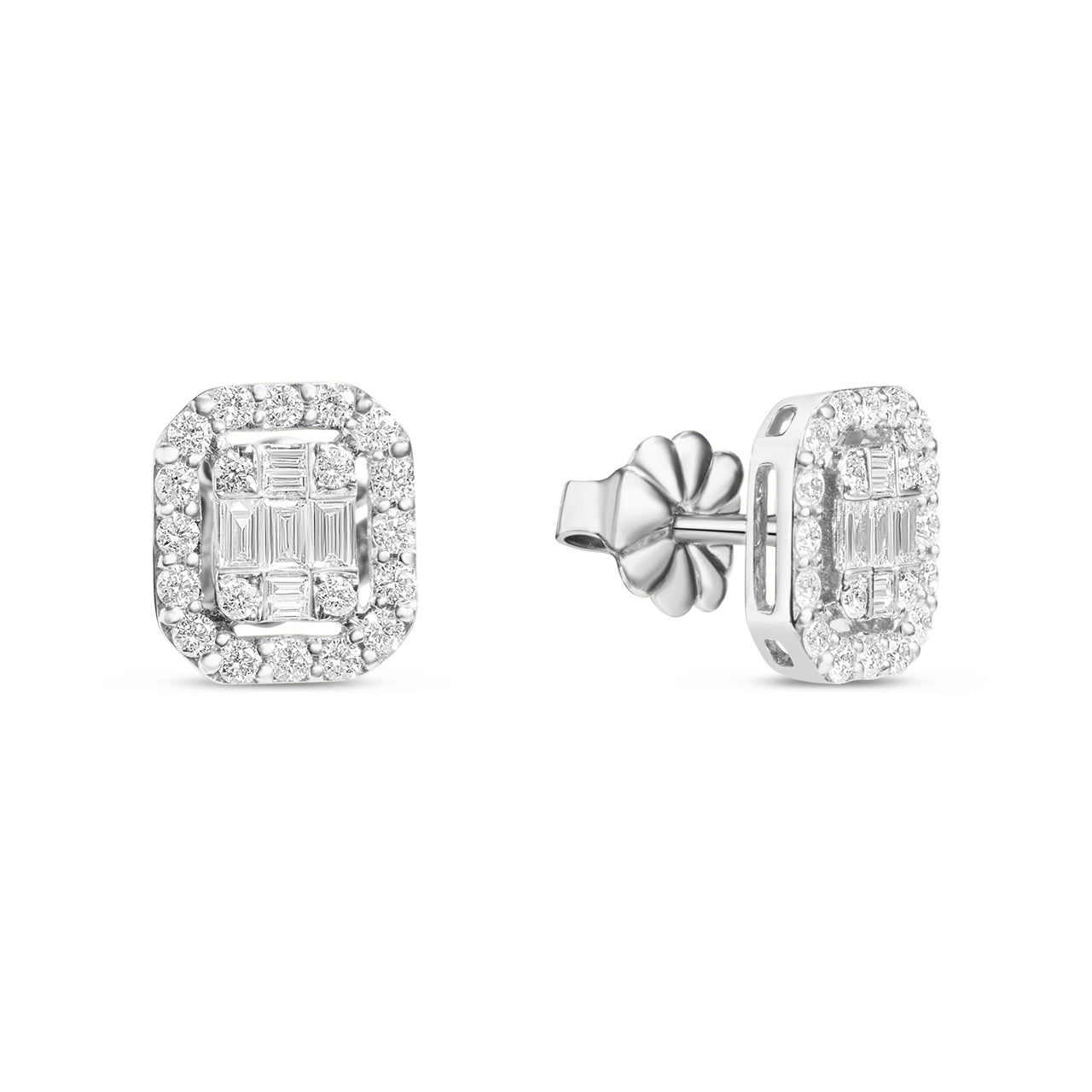 Diamond Emerald Cut Cluster Halo Stud Earring