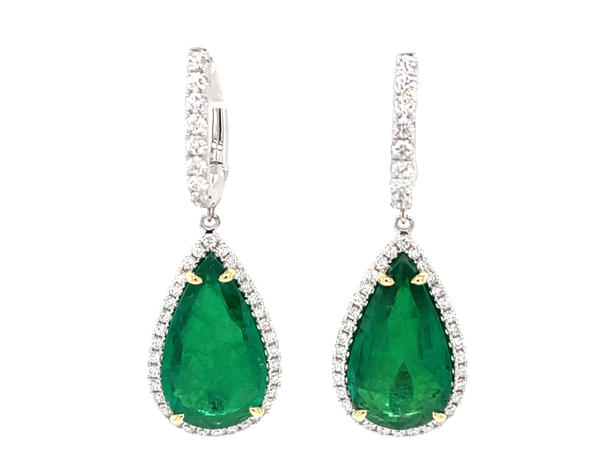 EMERALD PEAR SHAPE & DIAMOND HALO DANGLE EARRING