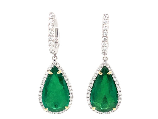 EMERALD PEAR SHAPE & DIAMOND HALO DANGLE EARRING