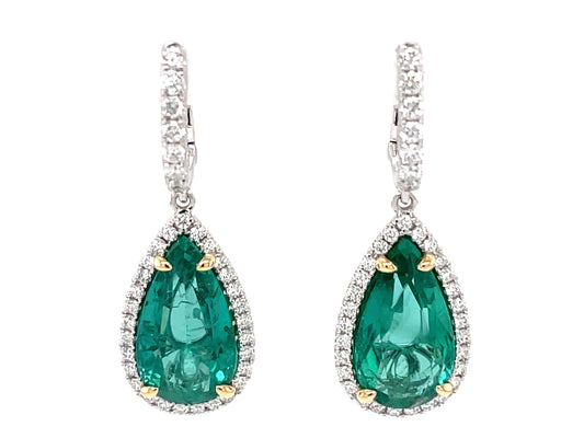 EMERALD PEAR SHAPE & DIAMOND HALO DANGLE EARRING