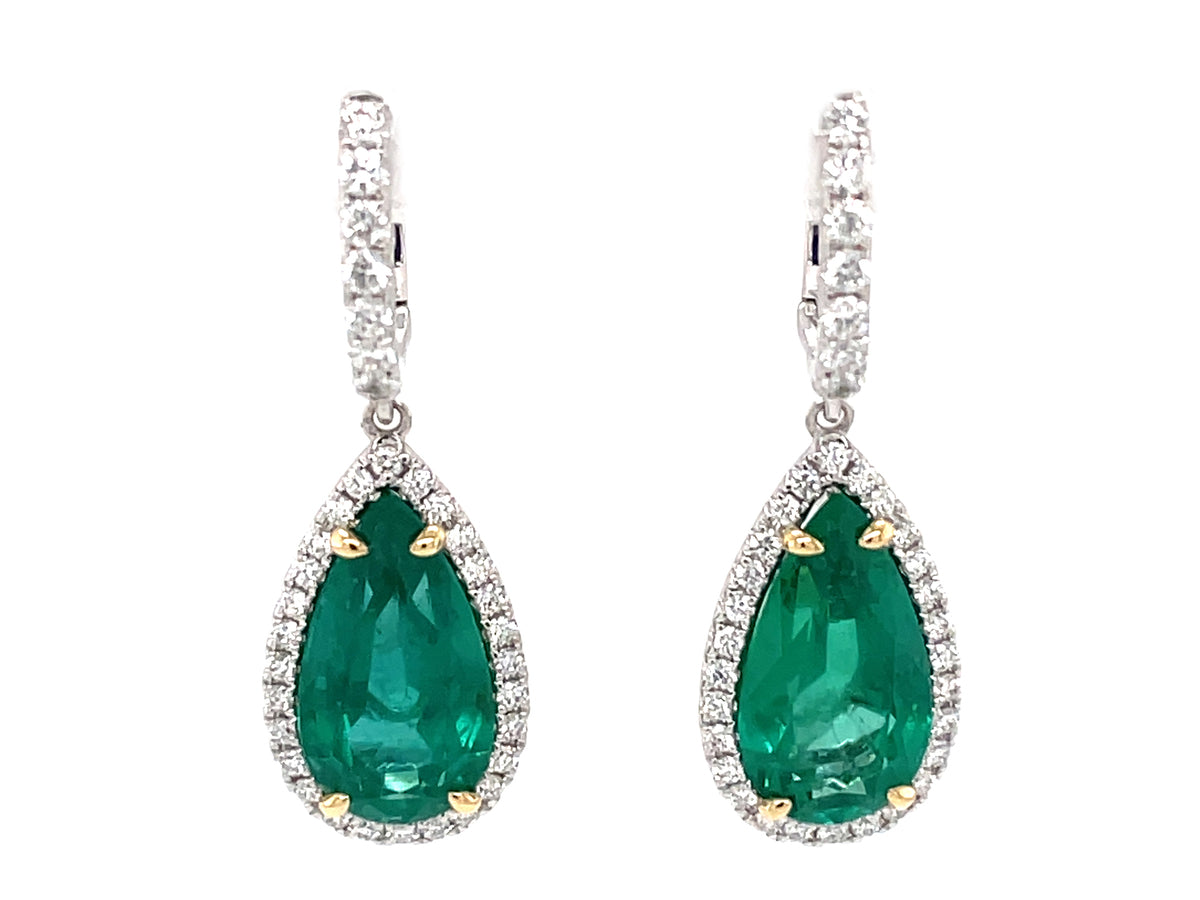 EMERALD PEAR SHAPE & DIAMOND HALO DANGLE EARRING