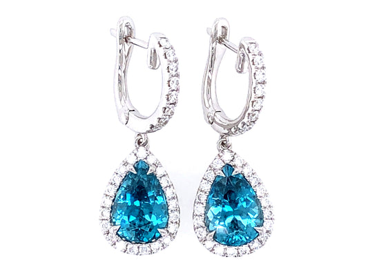BLUE ZIRCON & DIAMOND EARRING, 18KW (H)
