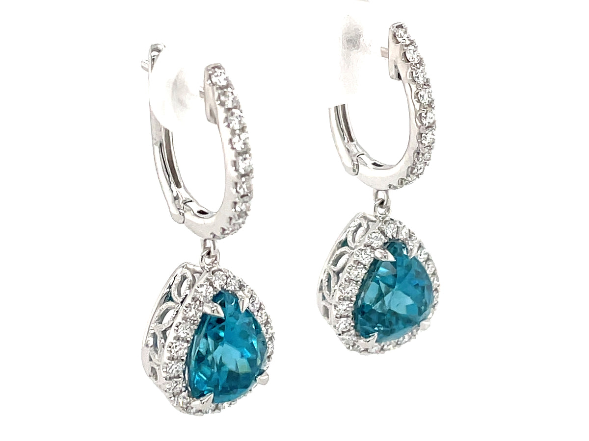 BLUE ZIRCON & DIAMOND EARRING, 18KW (H)