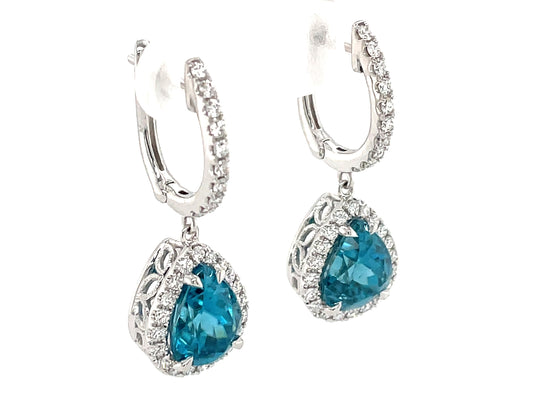BLUE ZIRCON & DIAMOND EARRING, 18KW (H)