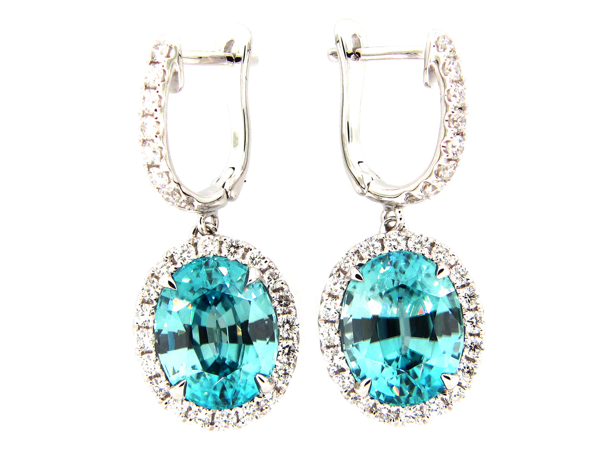 BLUE ZIRCON & DIAMOND EARRING, 18KW (H)