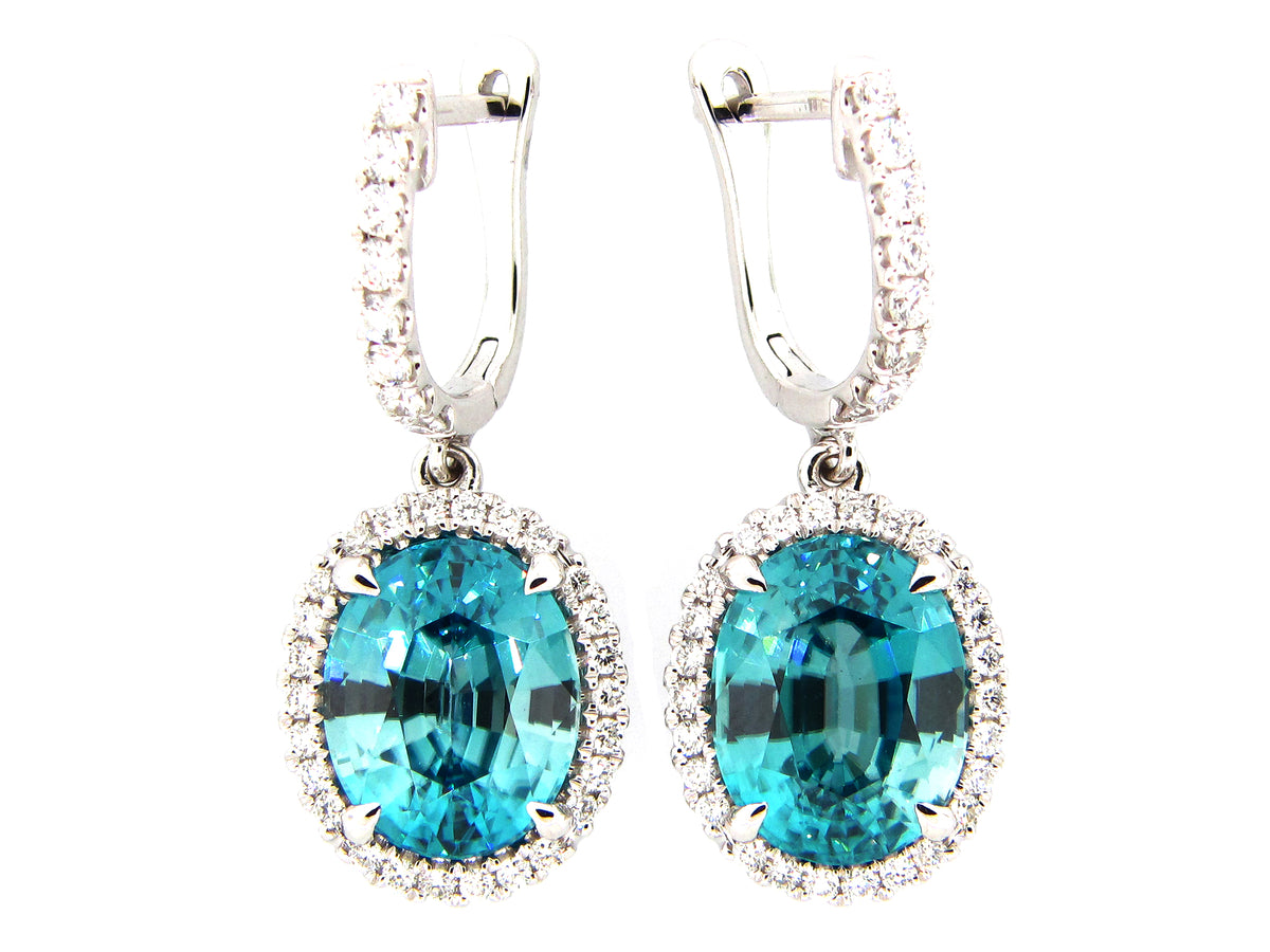 BLUE ZIRCON & DIAMOND EARRING, 18KW (H)