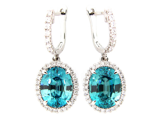 BLUE ZIRCON & DIAMOND EARRING, 18KW (H)