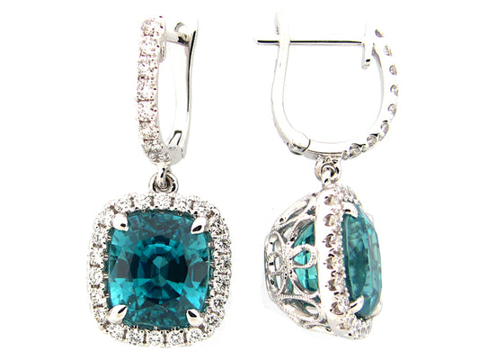BLUE ZIRCON & DIAMOND EARRING, 18KW (H)