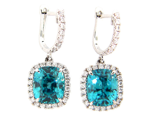 BLUE ZIRCON & DIAMOND EARRING, 18KW (H)