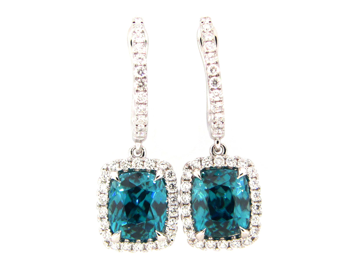 BLUE ZIRCON & DIAMOND EARRING, 18KW (H)