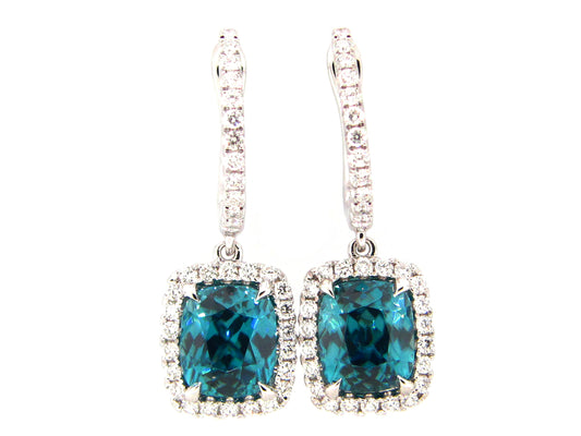 BLUE ZIRCON & DIAMOND EARRING, 18KW (H)