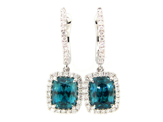 BLUE ZIRCON & DIAMOND EARRING, 18KW (H)