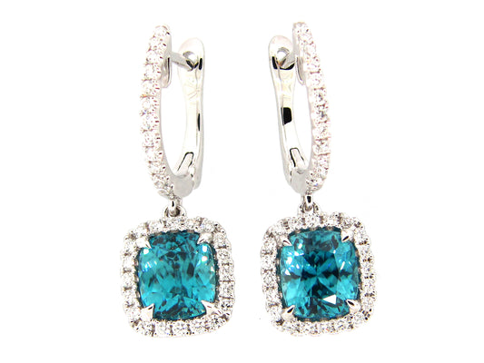 BLUE ZIRCON & DIAMOND EARRING, 18KW (H)