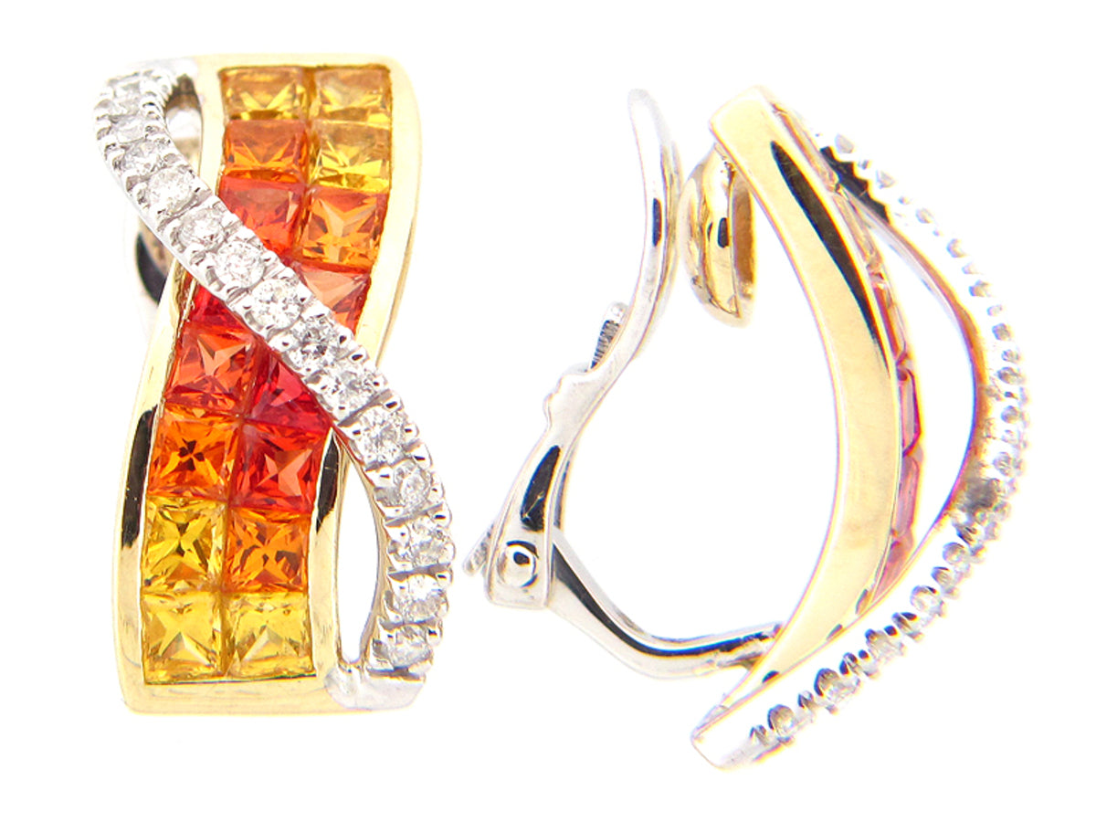 ORANGE SAPPHIRE & DIAMOND EARRING, 14KT (H/U), C=2.96