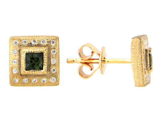 GREEN SAPPHIRE & DIAMOND SQUARE EARRING, 14KY (H)