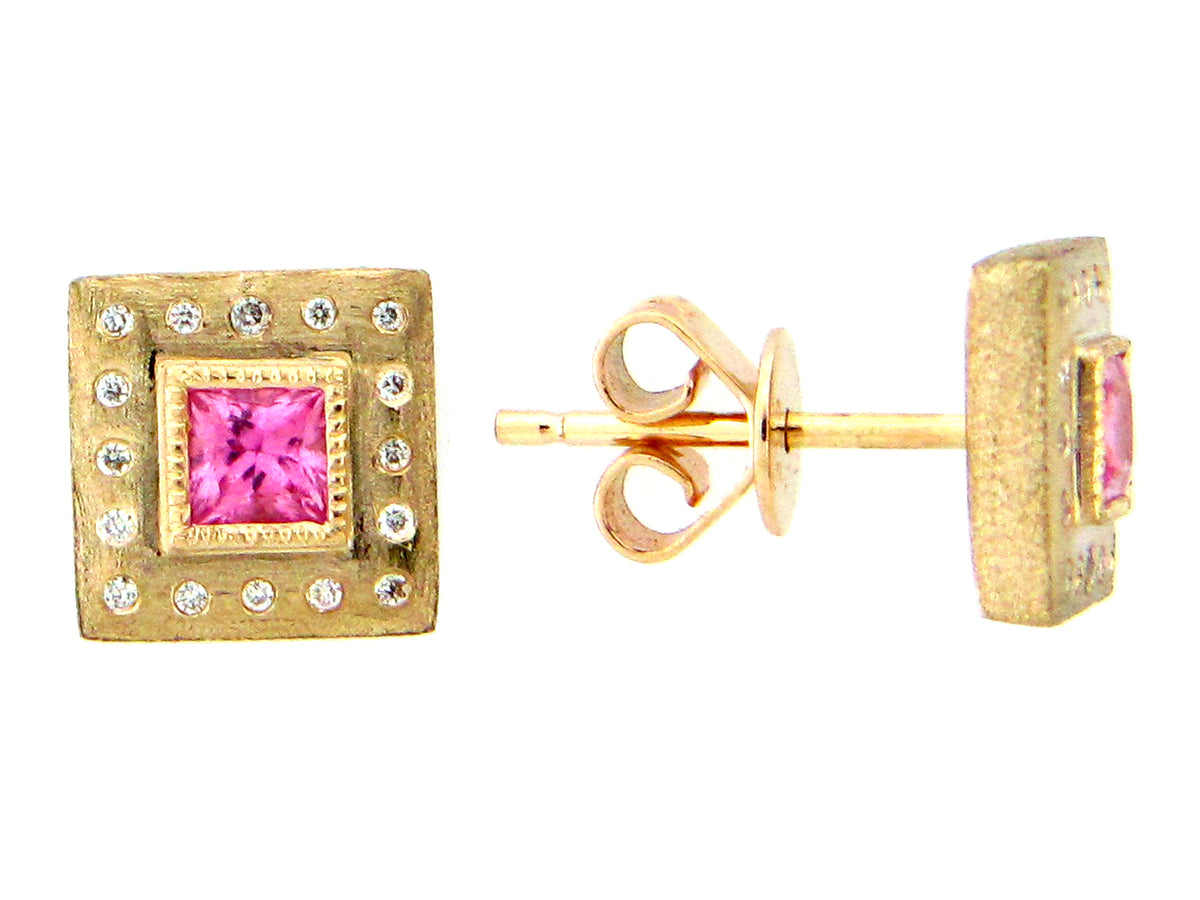 PINK SAPPHIRE & DIAMOND SQUARE EARRING, 14KY (H)