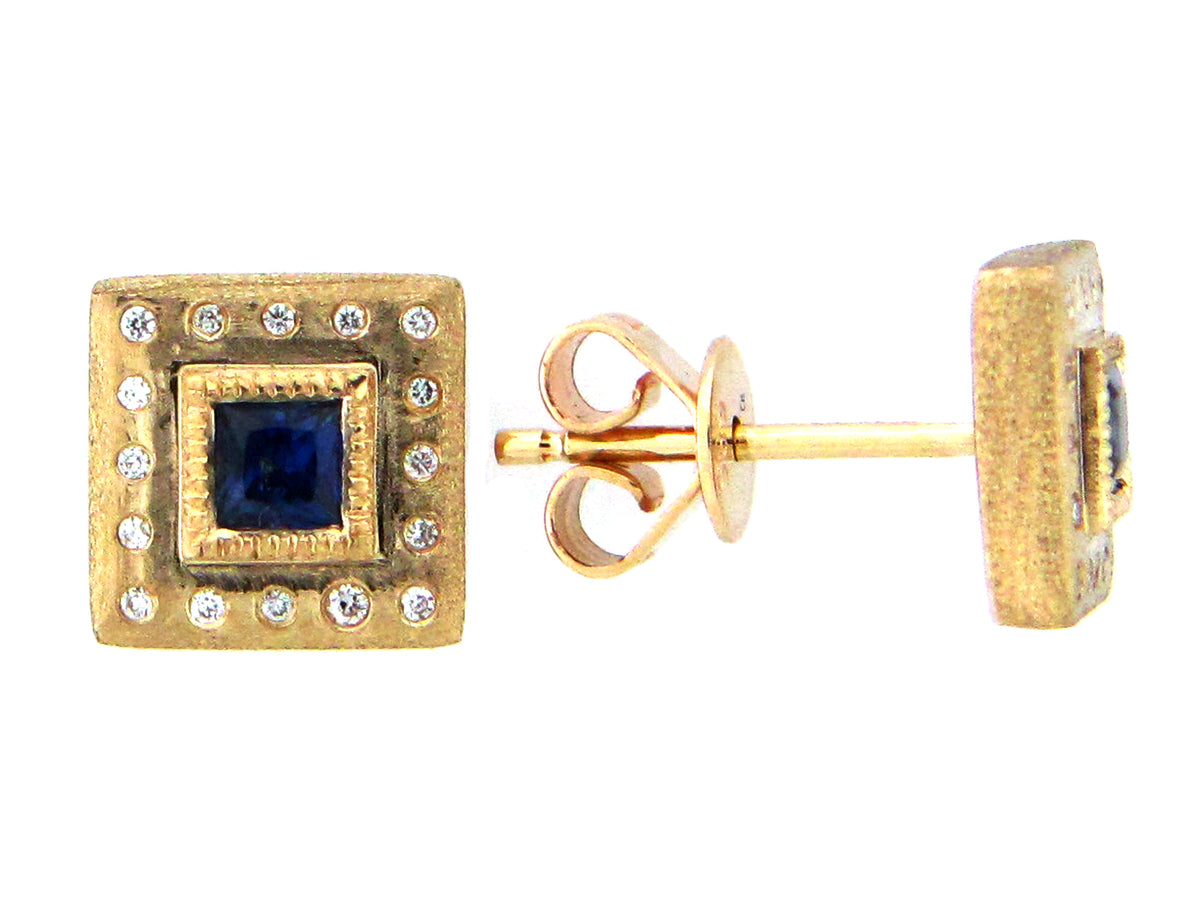 SAPPHIRE & DIAMOND SQUARE EARRING, 14KY (H)