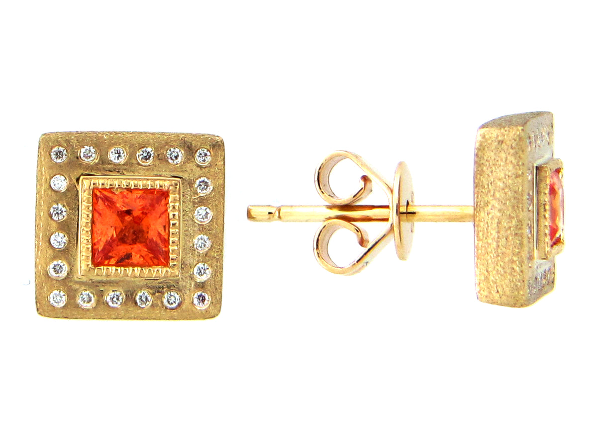 ORANGE SAPPHIRE & DIAMOND SQUARE EARRING, 14KY (U)